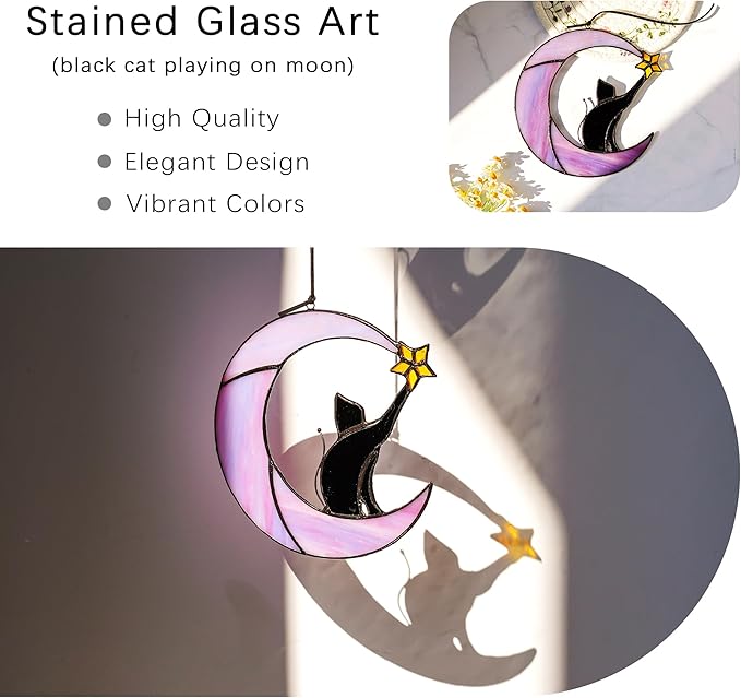 HDCRYSTALGIFTS 6.5'' Black Cat Decor on Purple Moon Stained Glass Window Hanging Suncatcher,Wall Art Glass Window Panel Sun Catcher,Halloween Ornament Decoration Memorial Gift for Lover Cat Loss