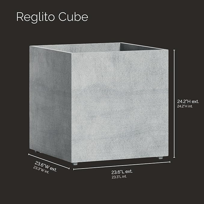 Reglito Cube Planter – Fiberglass Indoor/Outdoor and Weather-Resistant Large Planter (Concrete Stone, 23.6" L x 23.6" W x 24.2" H)