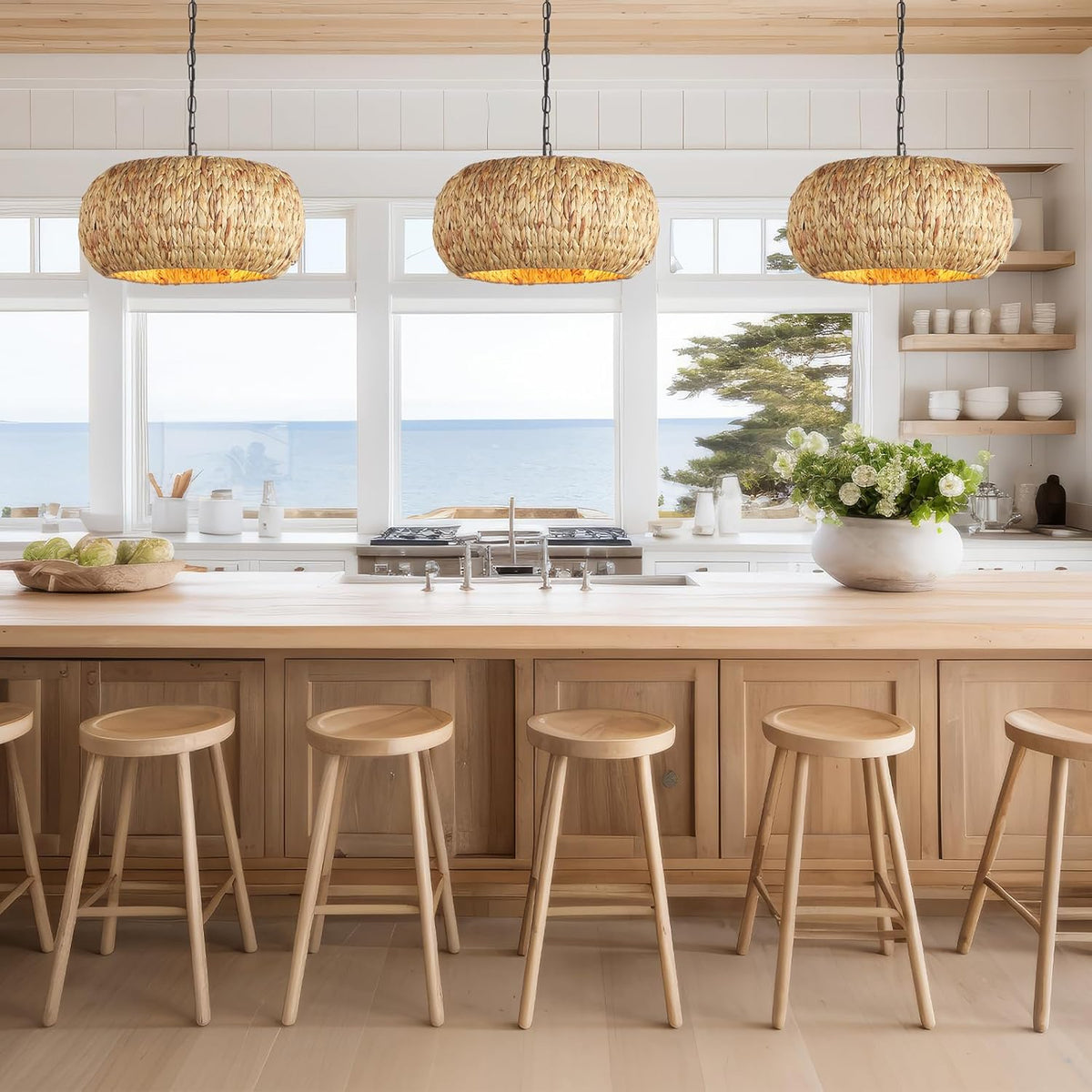 Hand-Woven Boho Pendant Light, 17.7" 5-Light Bohemian Rattan Lighting Fixture Natural Weaving Hanging Ceiling Light Coastal Wicker Chandelier for Kitchen Island Living Dining Room Restaurants