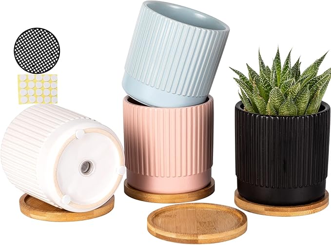 AOMRYOM 4.25 Inch Ceramic Plant Pots with Drainage Holes and Trays, Small Flower Planters Home Decor for Indoor Plants, Succulents, Cactus, Herbs, Multi-Color Stripe, 4 Packs (Plant Not Included)