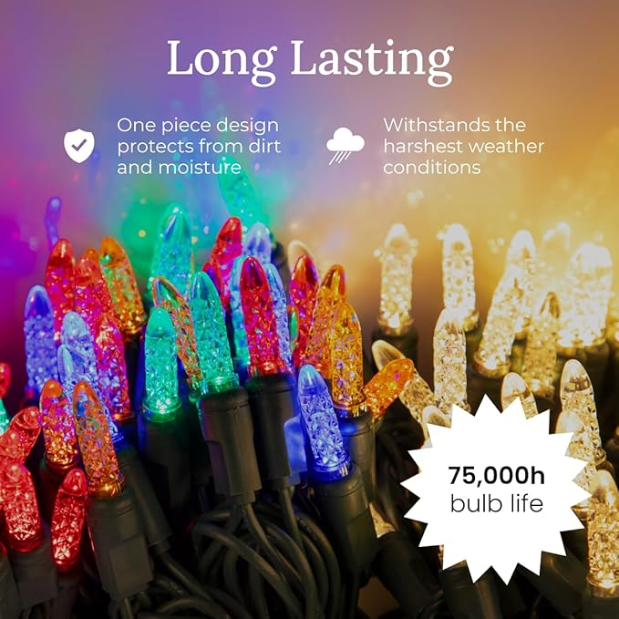 Pro Christmas M5 LED Holiday Lights - 100 Bulbs, 33.3ft - Professional Grade Indoor Outdoor Diamond Cut Sparkle Light Strings for Home Decorations and Christmas Trees - Pure White