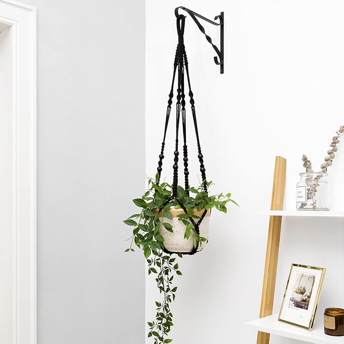 Mkono Macrame Plant Hanger Indoor Hanging Planter Basket with Wood Beads Decorative Flower Pot Holder No Tassels for Indoor Outdoor Boho Home Decor 35 Inch, Black, Set of 3 (POTS NOT Included)