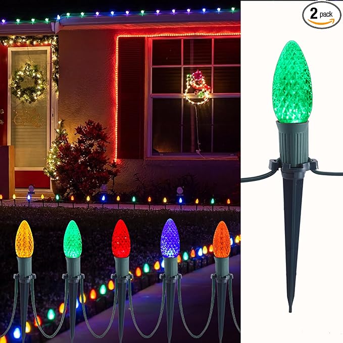 C9 Christmas Pathway Lights with Stakes,Multicolor,2 Pack Total 60 Ft 40 Strawberry LED Bulbs,Connectable Shatterproof Outdoor Lights Marker for Xmas Yard Garden Path Lawn Walkway Sidewalk