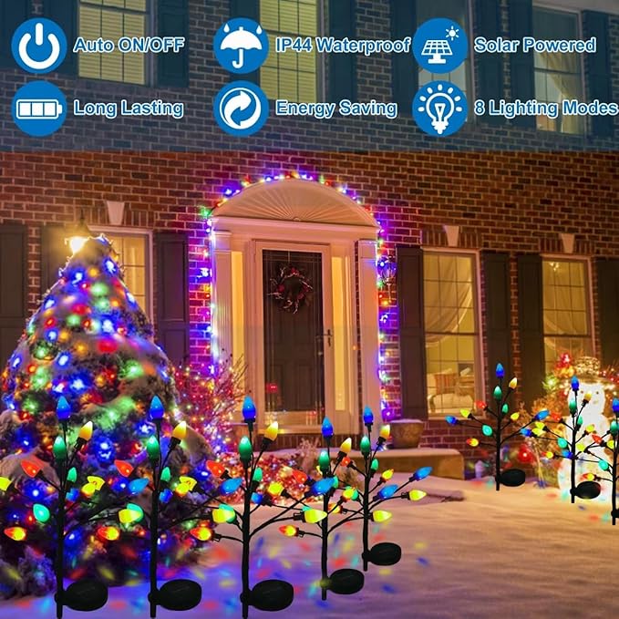 C7 Solar Christmas Pathway Lights - 2 Pack with 24 LED Strawberry Multicolor Lights, 8 Modes - Outdoor Waterproof Christmas Decorations for Garden, Yard, Pathway
