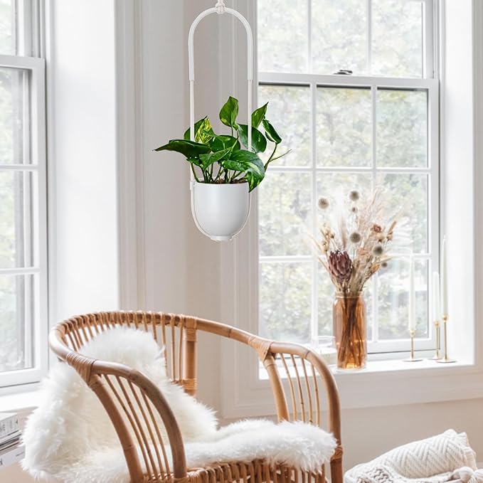 Boho Hanging Planter for Indoor Outdoor Plants Modern Wall and Ceiling Hanging Plant Basket Holder Hanger for Vines Succulents Ferns Room Decor(White)