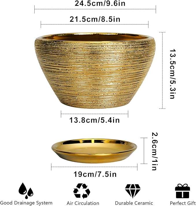 Ceramic Plant Pot Indoor - 9 Inch Planters for Outdoor Plants Decorative Plant Pot with Drainage Hole and Saucer Round Planter Modern Flower Pot Decorative for House Decor Gold