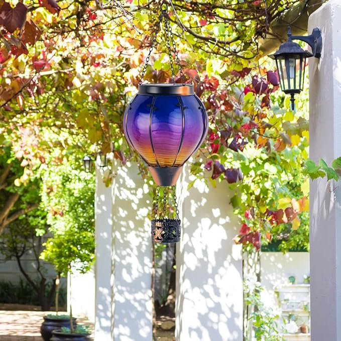 Starsoul Glass Solar Hot Air Balloon Flickering Flame Hanging Garden Light Purple Hot Air Balloon Solar Lantern with Large Basket Waterproof Hot Air Balloon Solar Lamp Decor