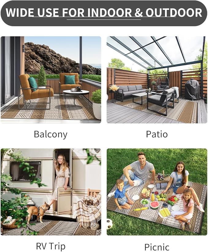 Outdoor Rug Carpet Waterproof 8x10 ft Patio Rug Mat Indoor Outdoor Area Rug for RV Camping Picnic Reversible Lightweight Plastic Straw Outside Rug for Patio Decor Decoration Boho Rug Brown Beige