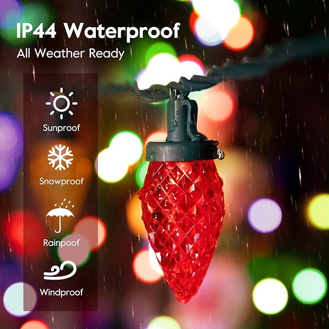 Brightown C9 LED Christmas String Lights, 66ft 100 LED Waterproof Strawberry String Lights, Plug-in Extendable Green Wire Lights String for Outdoor Outside Patio Party Decoration, Red and White
