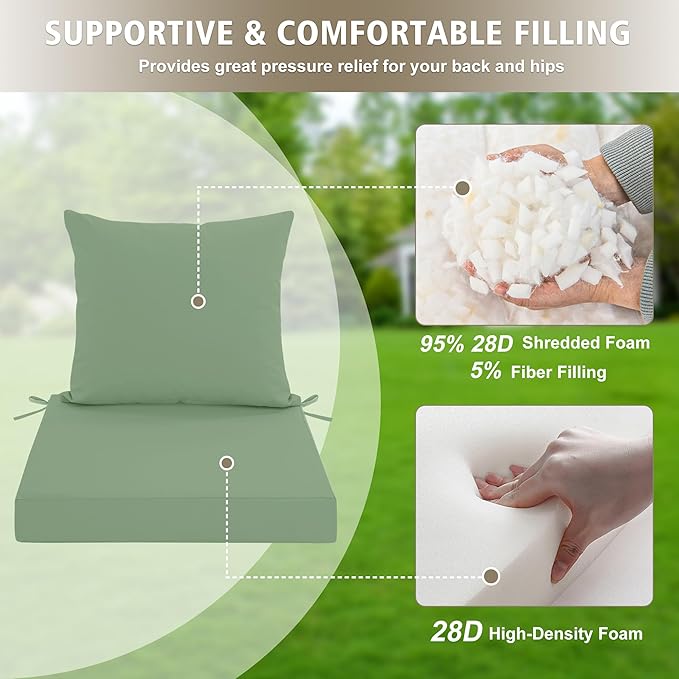 Outdoor Chair Cushions, Waterproof Outdoor Cushions for Patio Furniture w/Fade-Resistant, Removable & Machine-Washable Covers, 19x19 Inch, Ideal for Seat in Gardens/Porch – Set of 4, Sage Green
