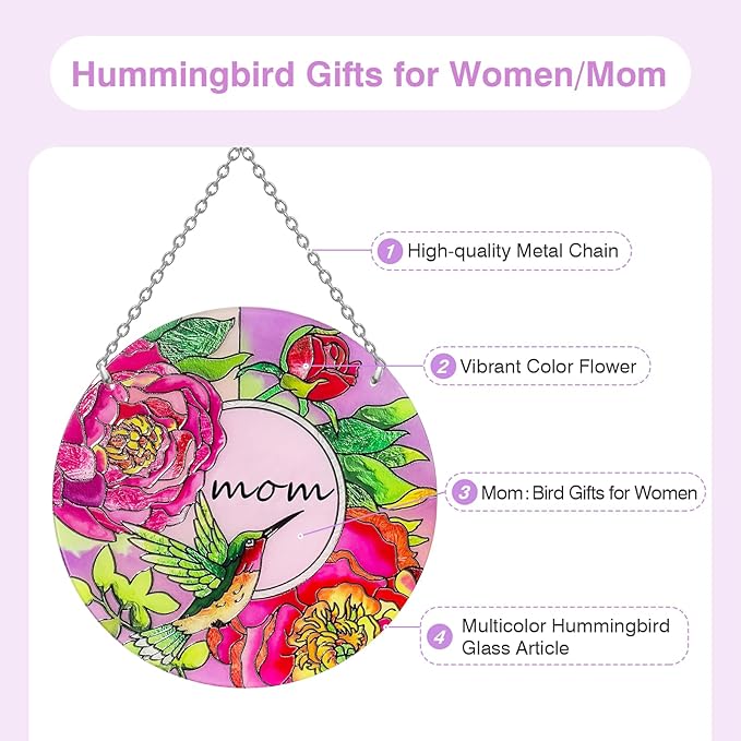 Hummingbird Gifts for Mom, Stained Glass Bird Window Hangings, Sun Catcher Ornament Hanging for Windows, Hummingbird Suncatcher for Women, Mother's Day Birthday Christmas (Suction Cup, 6in)