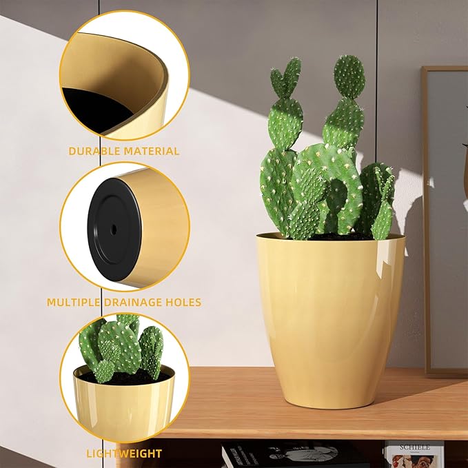 QCQHDU Plant Pots Set of 2 Pack,10 Inch Plant Pot for Indoor and Outdoor Plants with Drainage Hole,Flower Pots Modern Decorative Planter for Garden Plants (Golden)