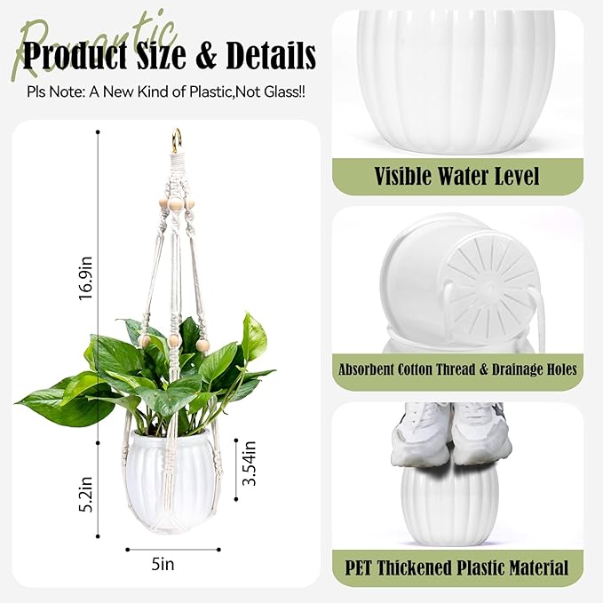 Small Hanging Planters Self Watering 5 Inch, 3 Set Hanging Plant Pot for Indoor Outdoor Plants, Hanging Flower Pots with Drainage Hole & 2 Kinds of Plant Hangers for Garden Home Decor