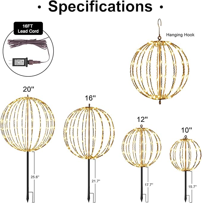 Christmas Ball Sphere, 12IN 96LED Hanging Tree and Pathway Lights With Hook and Stake, Foldable Metal Frame Ball for Outdoor Garden, UL Listed, Brown Frame, Warm White