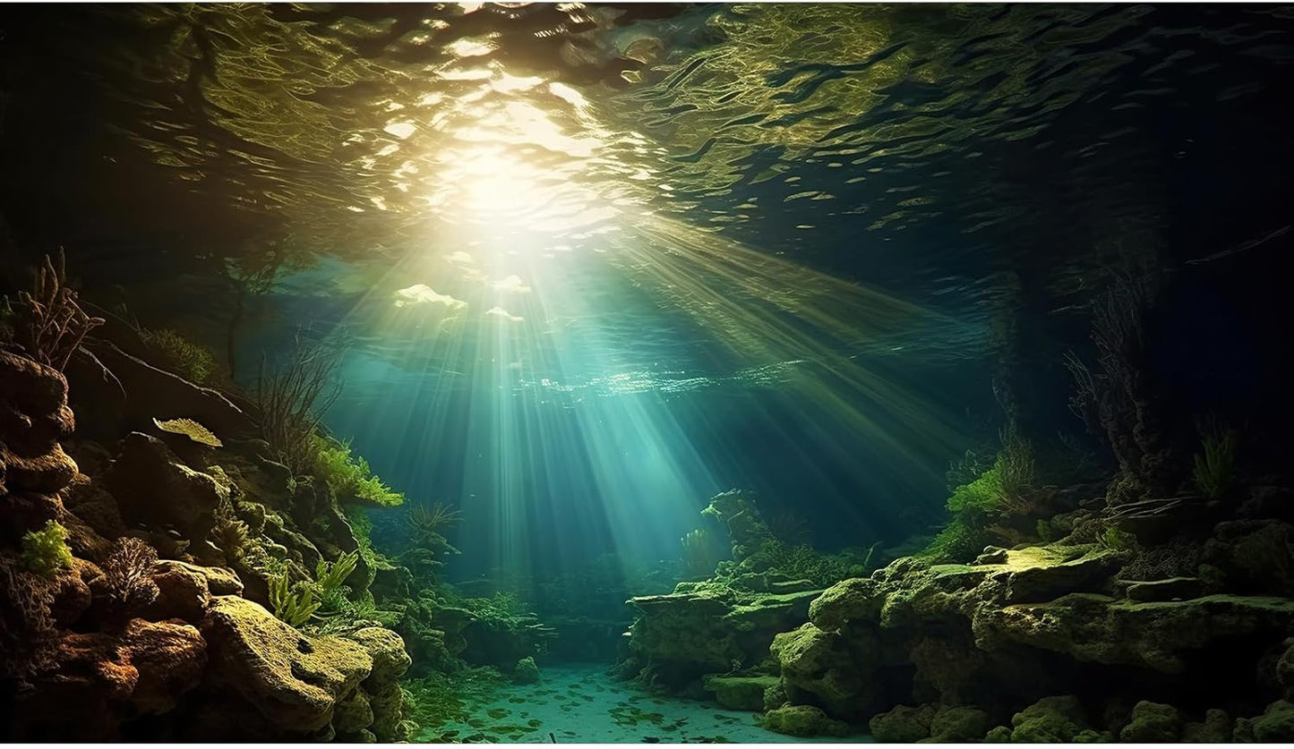 Fish Tank Background Under The Sea Aquarium Background Ocean Floor Sunray Rock Terrarium Backgrounds Coral Reef Aquatic Plants Underwater Cave Aquarium Wallpaper for Fish Tank Decorations 24x16in
