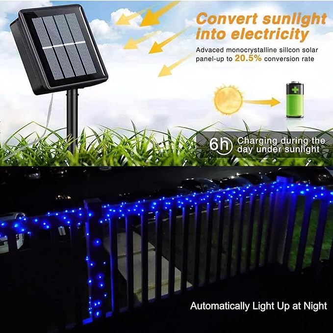 QITONG 4 Pack Solar Fairy Lights Blue, Each 33ft 100 LED String Lights Outdoor Waterproof, 8 Modes Blue Solar Lights for Outside Tree Garden Pool Wedding Party Christmas