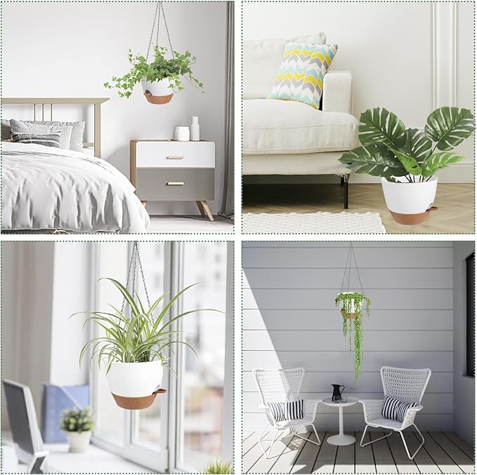 Hanging Planters for Indoor Outdoor Plants, 1 Set Self Watering Hanging Pot with Drainage Holes & Removable Tray (White-12inch, 12'')