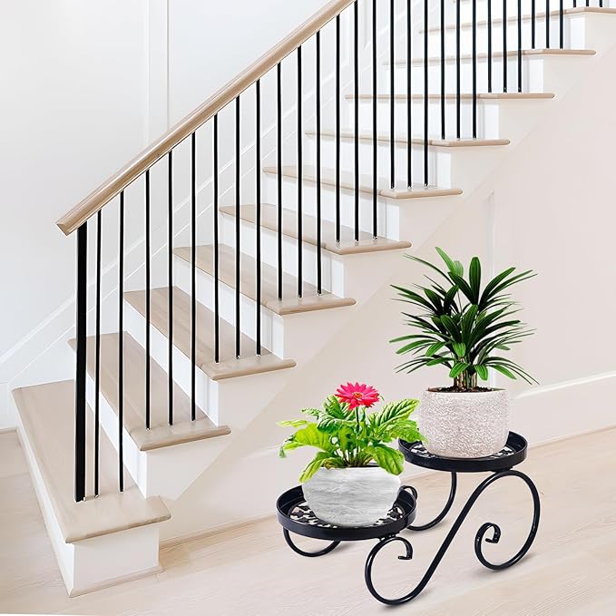 2 Tier Black Plant Stand, Metal Flower Stand Indoor Outdoor, Anti-Rust Iron Plant Shelf, Round Flower Pot Stands for Multiple Plants, Display Rack Potted Plant Holders for Garden Home Decor