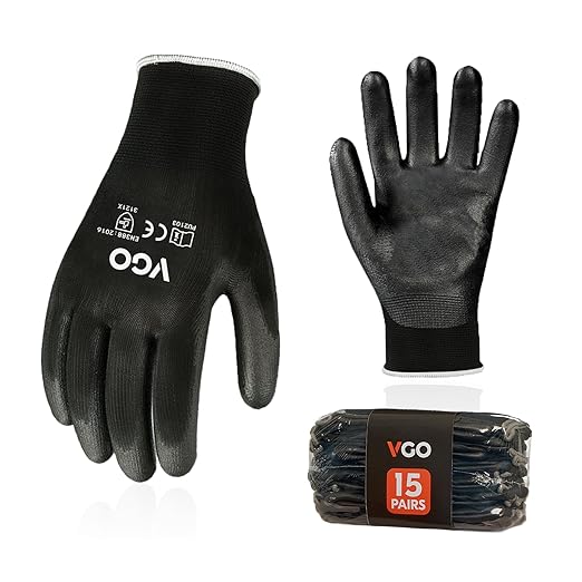 Vgo... 15-Pairs Safety Work Gloves, Gardening Gloves, Polyurethane Coated, Dipping Gloves, Latex Free (Size XL, Black, PU2103)