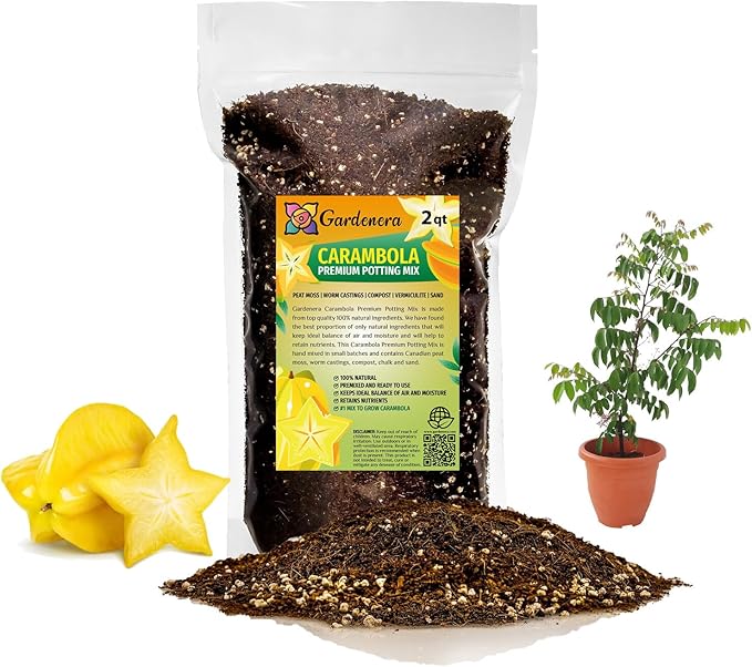 Premium Carambola Potting Soil Mix - Perfect Balance of Nutrients, Drainage, and Aeration for Thriving Starfruit Trees - 2 Quart