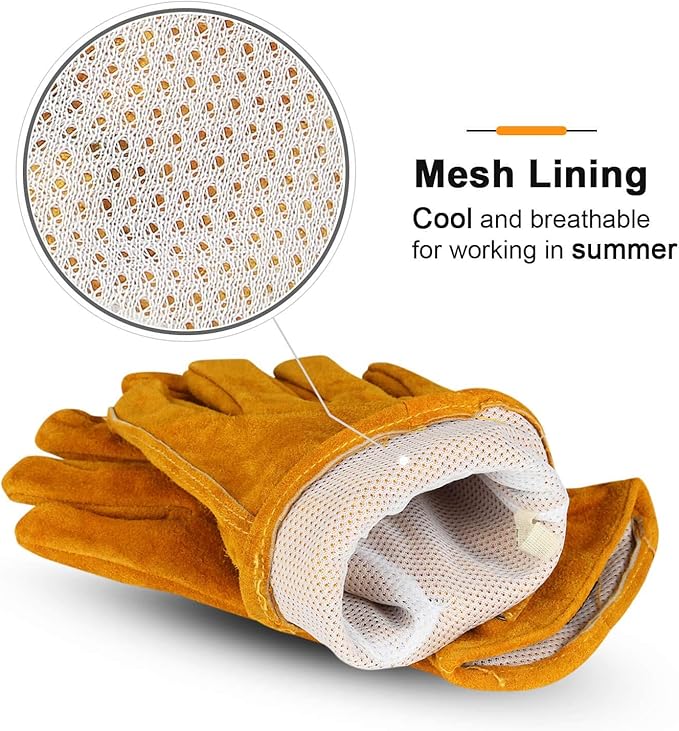 OZERO Leather Work Gloves Flex Grip Tough Cowhide Gardening Glove for Men and Women (Large, Gold With Mesh Linning)