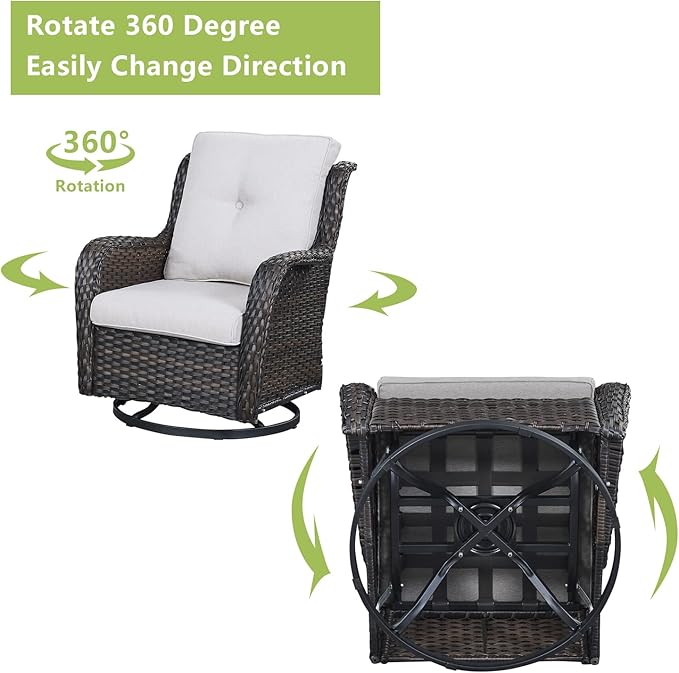 Outdoor Wicker Patio Furniture Set - 6 Piece Rattan Patio Conversation Set with 2 Rocking Swivel Chairs,2 Ottomans,1 Loveseat and 1 Coffee Table for Porch Deck Backyard Garden(Brown/Beige)