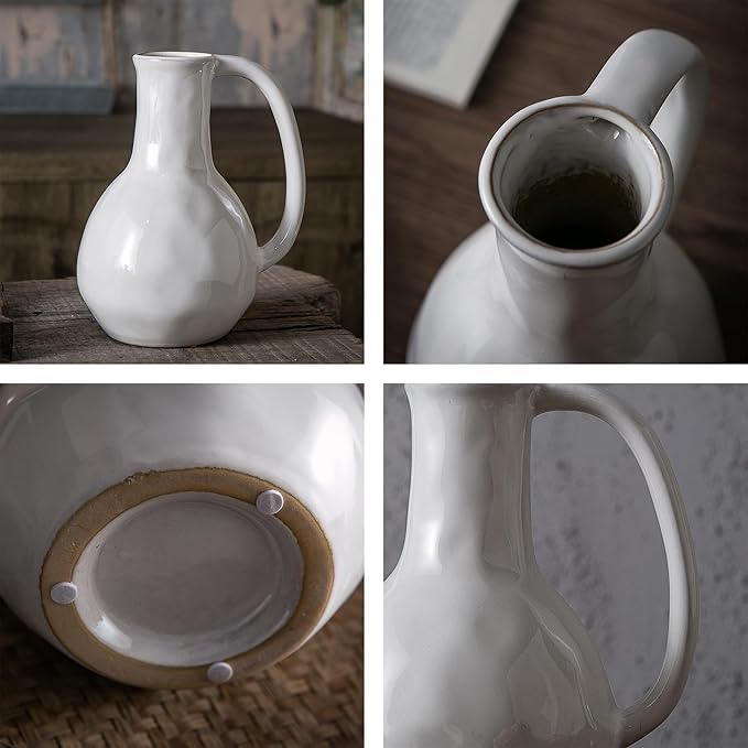 White Ceramic Vase with Big Handles, Modern Farmhouse Decor, Rustic Pottery for Flowers, Decorative Terracotta Centerpiece for Dining Table