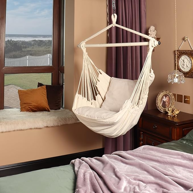 Highwild Hammock Chair Hanging Rope Swing - Max 500 Lbs - 2 Cushions Included - Steel Spreader Bar with Anti-Slip Rings - for Any Indoor or Outdoor Spaces (Beige)