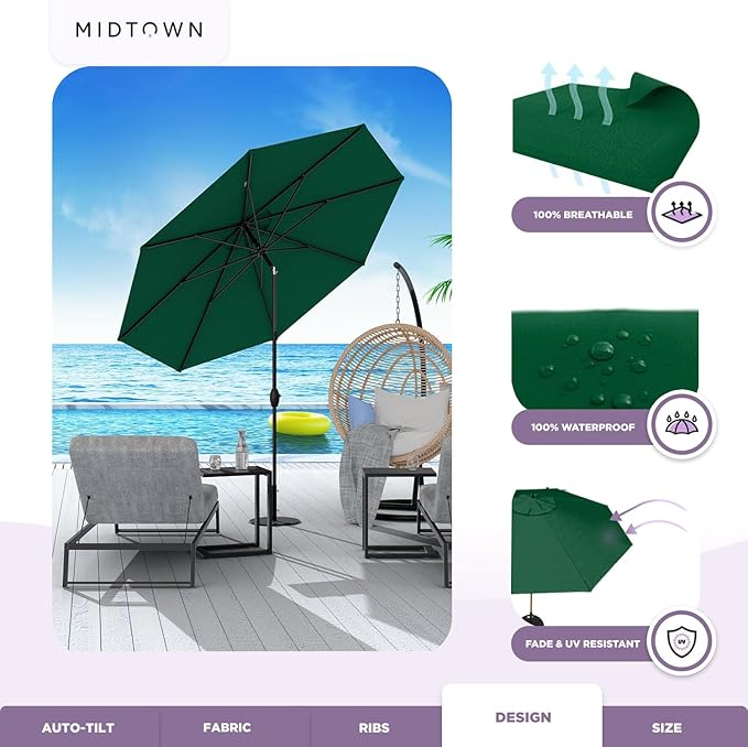 Midtown Umbrellas Sunbrella Umbrella 9 Feet Outdoor Umbrella With Forest Green Acrylic Fabric - Auto-Tilt Aluminum Frame Patio Umbrella For Backyard, Deck, Garden, Pool - Black Pole