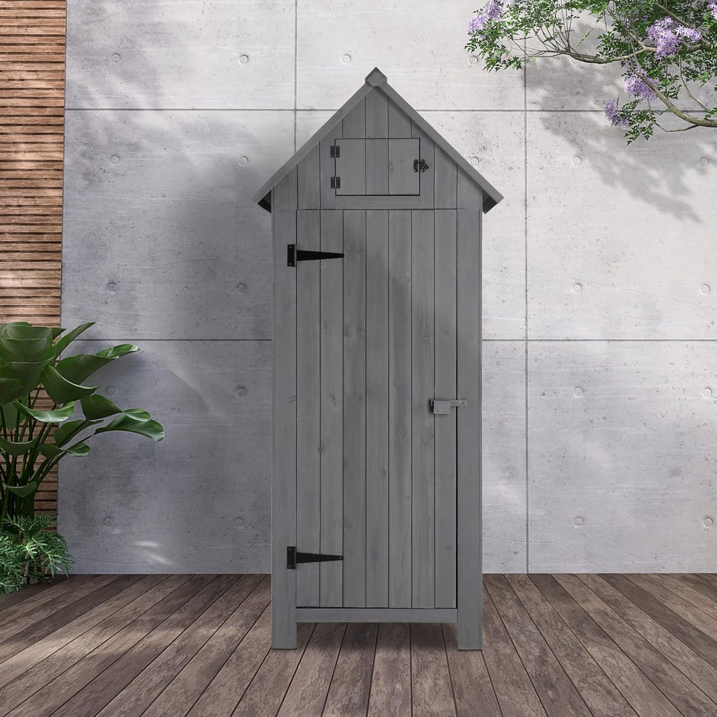 Outvita Outdoor Storage Shed, 70 Inch Wooden Garden Storage Cabinet, Waterproof Tool Storage Cabinet with Lockable Door, Wooden Garden Shed Outdoor Shed for Garden Backyard Lawn(Grey)