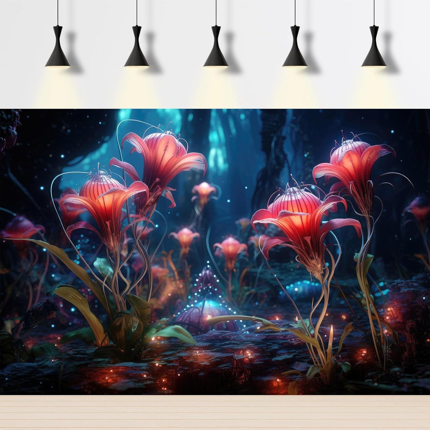 Aquarium Background Beautiful Red Translucent Flowers Terrarium Background Abstract Fantasy Plants Underwater World Tank Poster Glowing Flowers Foggy Forest Fish Tank Background Decors Vinyl 72x24in