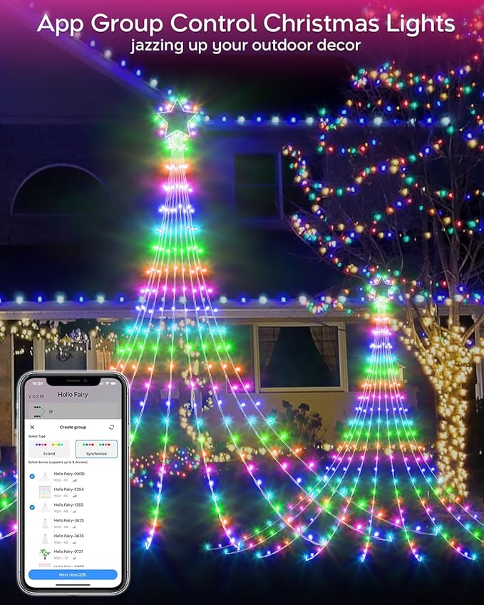 23FT Outdoor Decorations Waterfall String Lights for Valentines, Smart Romantic RGB Led Star Tree Lights DIY Preset Scenes App Remote Control Large Unique Yard Lights for Outside Patio Home