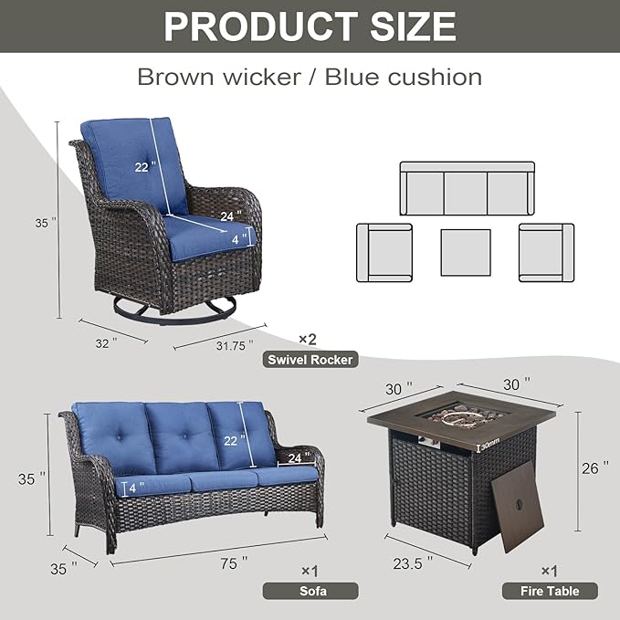 Outdoor Patio Furniture Set with 50000BTU Propane Fire Pit Table, 4 Pieces Wicker Patio Conversation Set with 2 Swivel Rocker Glider Chairs Rattan Sofa Blue Cushion Perfect for Gathering