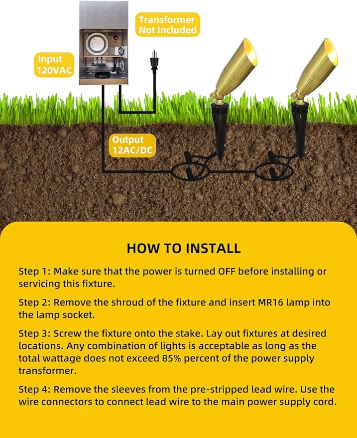 COLOER Die-cast Brass Landscape Spotlight 6-Pack with 5W Aluminum Housing LED MR16 Bulb,12V AC/DC Low Voltage Copper Outdoor Lighting, Directional Garden Patio Spot Up Light (102B Brass Finish)