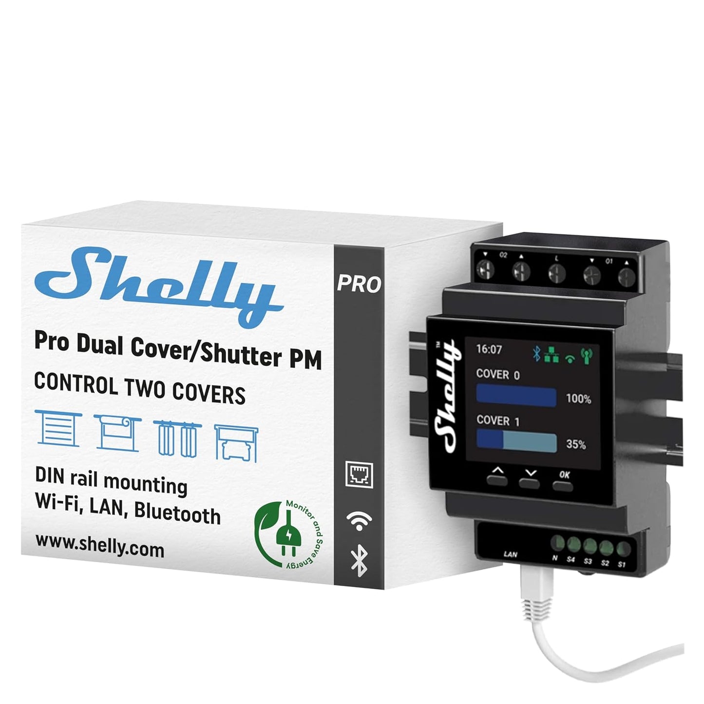 Shelly Pro Dual Cover/Shutter PM | LAN and Wi-Fi Connection, Professional DIN Rail Smart Dual Cover/Shutter Controller with 2 Covers 16 A Each | Home Automation | Precise Power Metering