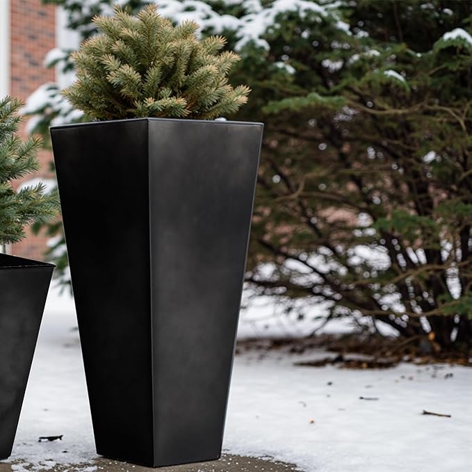 WORTH Garden 28" Large Metal Glazed Planter Set of 2, Luxurious Glossy Finish Black Tall Square Tapered Steel Plant Pots, Decor Flower Pot Indoor & Outdoor, Drainage Hole & Dual-Purpose Plant Saucer