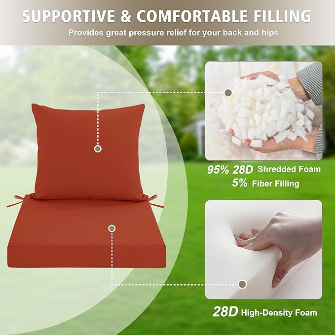 24x24 Inch Outdoor Cushions for Patio Furniture, Waterproof Outdoor Chair Cushions w/Fade-Resistant, Removable & Machine-Washable Covers, Deep Seat Sofa/Couch Pad Replacement – Set of 4, Rust