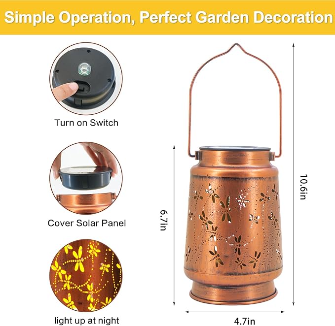 Mothers Day Gifts, Dragonfly Solar Lanterns Outdoor Hanging, Hollowed-Out Metal Waterproof LED Garden Decor Light for Patio Yard Pathway Lawn Front Porch Tree, Birthday Gifts for Women Mom Grandma