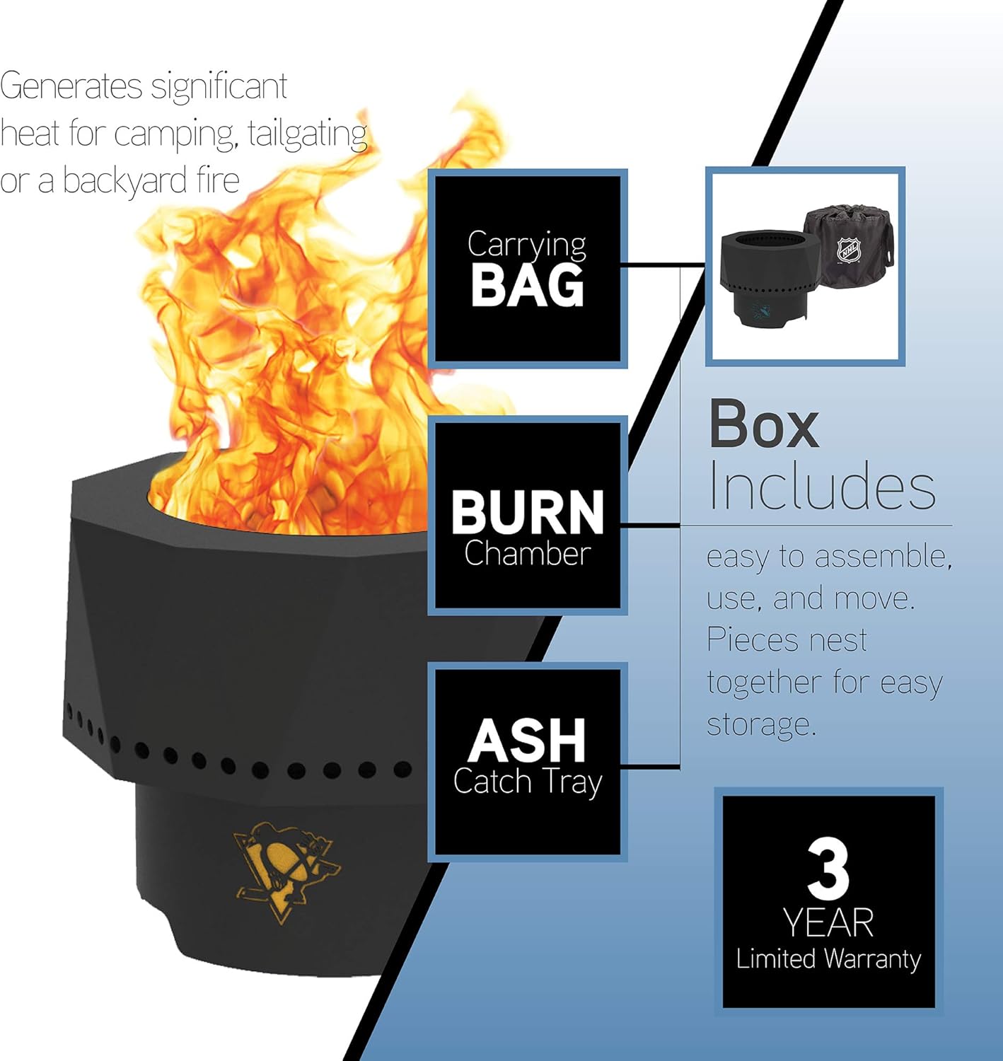 Blue Sky Outdoor Living NHL Toronto Maple Leafs Ridge Portable Steel Smokeless Fire Pit with Carrying Bag & Spark Screen Kit, Firewood & Wood Pellet