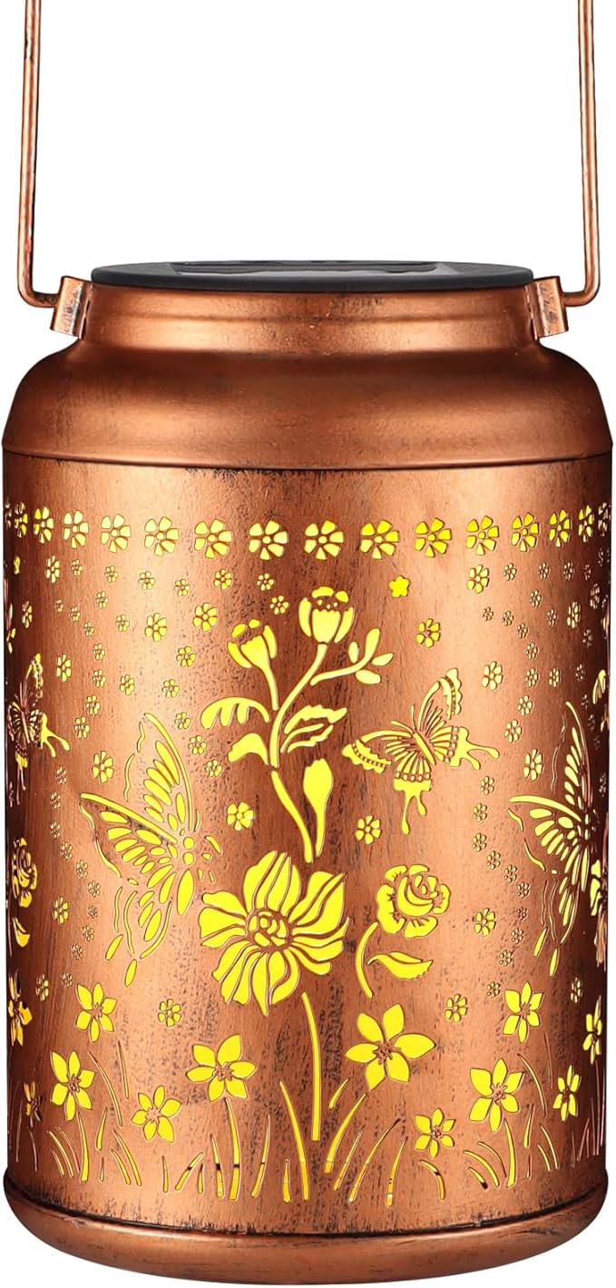 Solar Lantern Outdoor Hanging Lights Christmas Birthday Gifts for Women Mom and Grandma Butterfly Flower Metal Garden Decor Outside Waterproof LED Solar Lanterns for Patio, Yard, Pathway,Landscape