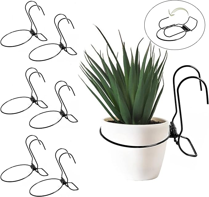 6 Pieces, 6 inches Iron Hanging Flower Pot. Metal Plant Wall Hanger, Vertical Garden. Planter Hook Ring, Rail Metal Fence. Indoor and Outdoor. Yard Garden. Wire Trellis. Collapsible Bracket. (Black)