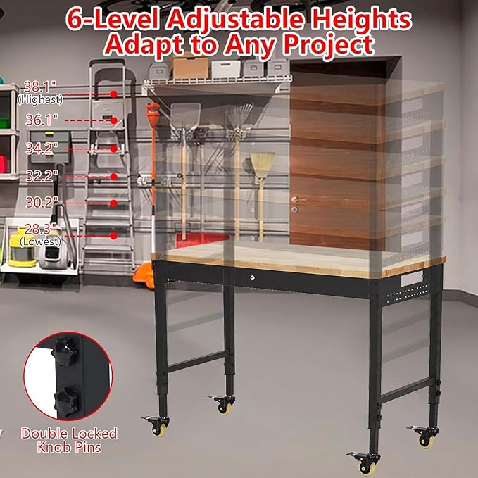 48'' Adjustable Workbench on Wheels, 2000LBS Heavy Duty Worktable with Power Outlets & Drawers & Pegboard, Rubberwood Workstation for Workshop, Garage, Office, Home