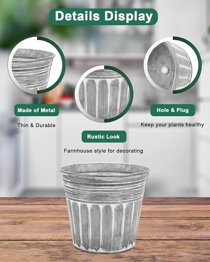 vensovo 4 Inches Silver Metal Rustic Flower Pots - 6 Pcs Small Galvanized Planters with Drainage Hole and Rubber Plug, Rustproof Tin Bucket Plant Pot Farmhouse Vintage Style for Decor