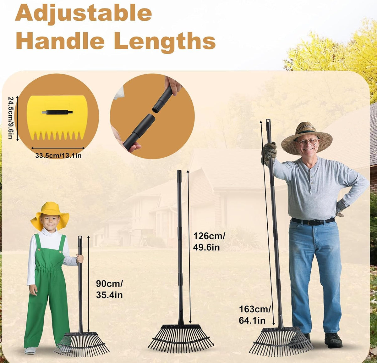 Rake with Leaf Scoops Garden Leaf 25 Tines Lawn Leveling Tool, Heavy Duty 64.1 Inch Adjustable Handle Metal Rake for Picking Leaves Grass Garbage, Black