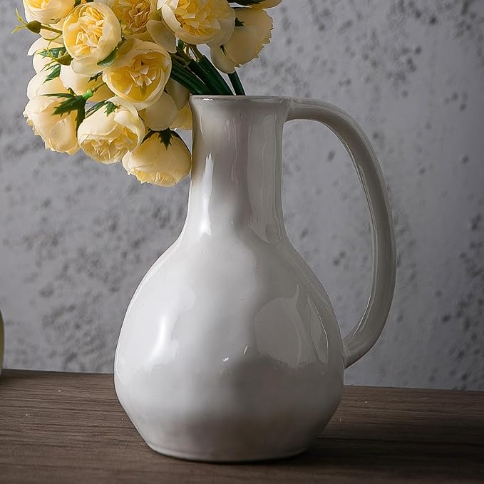 White Ceramic Vase with Big Handles, Modern Farmhouse Decor, Rustic Pottery for Flowers, Decorative Terracotta Centerpiece for Dining Table