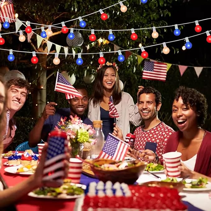 4th of July Decorations String Lights, 25Ft Outdoor Patio String Lights with 27 G40 Red White and Blue Light Bulbs(2 Spare), Multcicolor Christmas Lights for Patriotic Party Garden Festival Decor