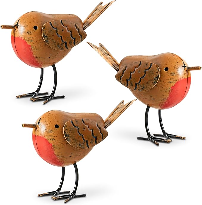 3pc Robin Garden Decor for Outside - Robin Metal Bird Decor Garden Ornaments Outdoor Animal Decorations - Robin Bird Figurine Lawn Ornaments Metal Bird Statues for Garden Decorations Outdoor Decor