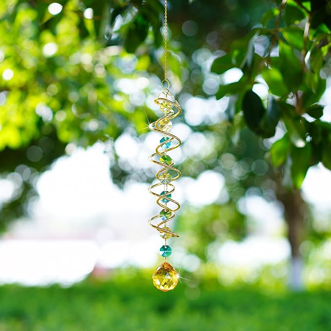 H&D HYALINE & DORA Glass Gazing Ball Spiral Tail Decorative Sun Catcher,17.7in Rainbow Maker Double-Spiral W/Yellow Crystal Ball Prism Sun Catcher for Indoor Outdoor Garden Decoration