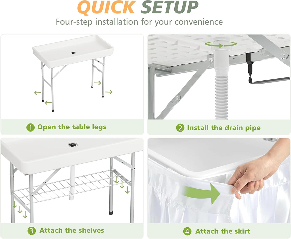 4 Foot Ice Cooler Table with Matching Skirt & Drain Hose, with Iron Stand, Portable Patio Outdoor Chilling Table Portable Bar for Events for Party, Picnic, BBQ, Camping (White)