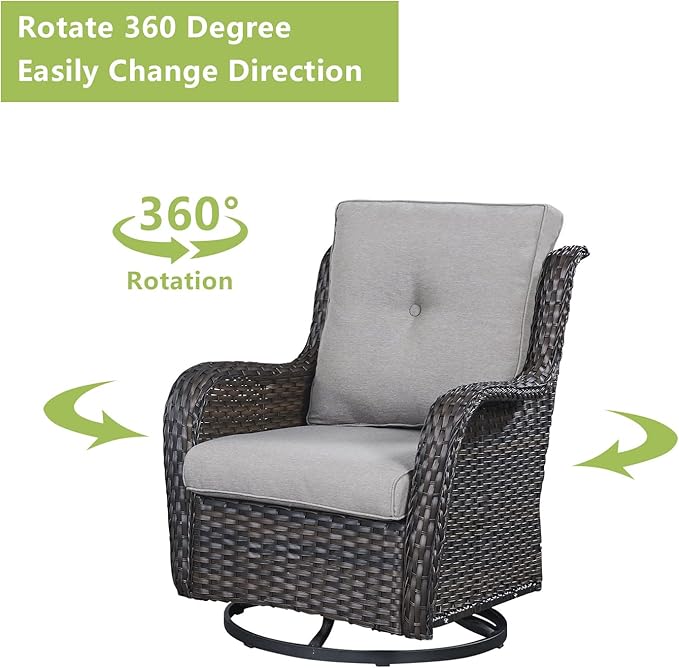 Outdoor Wicker Patio Furniture Set - 5 Piece Rattan Patio Conversation Set with 2 Rocking Swivel Chairs,2 Ottomans and 1 Sofa for Porch Deck Backyard Garden(Brown/Grey)